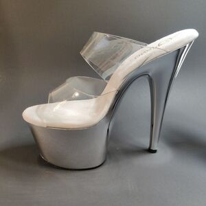 Pleaser Adore-702 Clear Chrome Platform Heels 7" 3" Sz 8 Mules Pole Dance Exotic